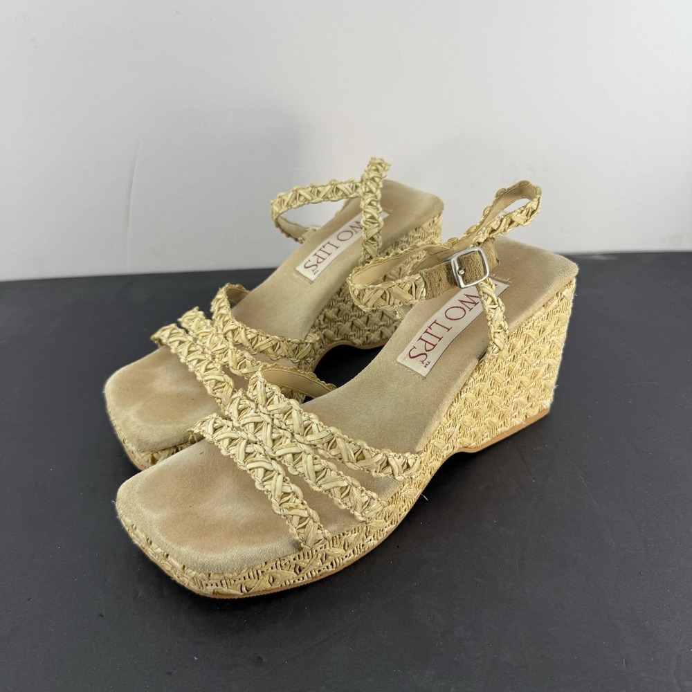 Two Lips Wedge Sandals Womens Size 8M Natural Raffia Braided Platform Espadrille